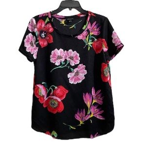 Ann Taylor Floral Print Black Sheer Shirt Medium